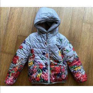 Monnalisa Girls Floral Pink Reversible Hooded Faux Fur Padded Jacket Coat Size 8